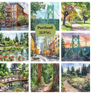 Aquarell Portland Clipart, Amerika Clipart, PNG einzelne Bilder auf transparentem Hintergrund, Sublimation, kommerzielle Nutzung