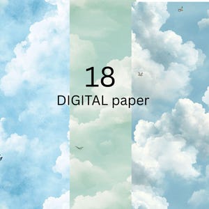 Pacote de papel digital com nuvens, 18 fundos de céu e nuvens, padrões de céu azul e verde para convites, cartões, artesanato e uso digital