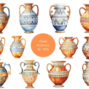 32 amphores grecques aquarelle clipart, clipart Grèce, images PNG sur fond transparent, sublimation