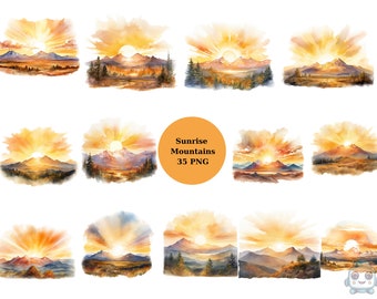 35 Sunrise Mountains Watercolor Clipart, Nature Clipart, PNG digital files on transparent background, sublimation, commercial use