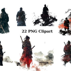 22 Samurais aquarel clipart, afzonderlijke png-afbeeldingen op transparante achtergrond, sublimatie