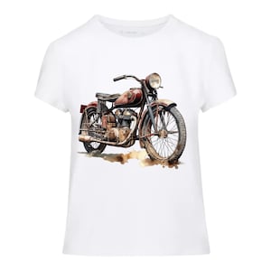 May include: White t-shirt with a watercolor illustration of a vintage motorcycle. The motorcycle is rusty and has a brown leather seat.