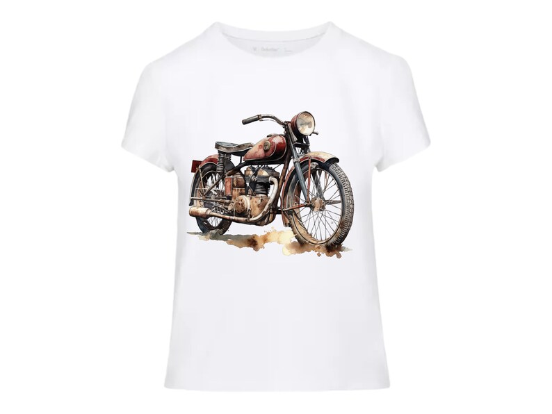 May include: White t-shirt with a watercolor illustration of a vintage motorcycle. The motorcycle is rusty and has a brown leather seat.