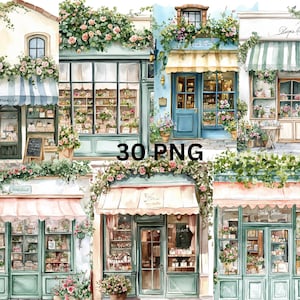 30 Boutique Storefronts Aquarell Clipart, PNG einzelne Bilder auf transparentem Hintergrund, Sublimation