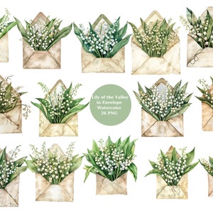Enveloppe de muguet aquarelle, clipart enveloppe vintage, fichiers numériques PNG sur fond transparent, sublimation, usage commercial