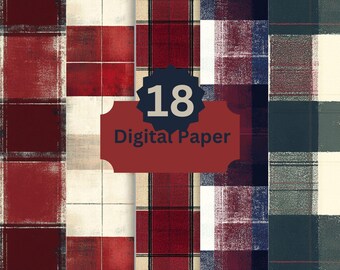 May include: A set of 18 digital papers featuring red, white, and blue plaid patterns. The papers have a distressed, vintage look. "18 Digital Paper" is written in white text on a red starburst.