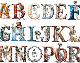 Skeleton Alphabet Clipart,  transparent background, high quality, clipart, 12x12, commercial use