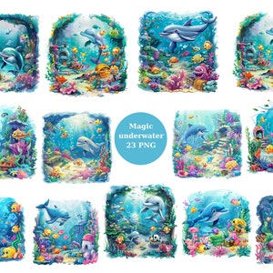 23 cliparts aquarelle sous-marin magique, clipart océan, images individuelles PNG sur fond transparent, sublimation, usage commercial