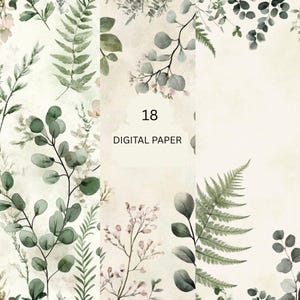 Könnte beinhalten: Digitales Papier-Set mit botanischen Aquarell-Illustrationen. Das Design umfasst verschiedene grüne Blätter, Farne und zarte rosa Blüten auf cremefarbenem Hintergrund. Der Text "18 DIGITAL PAPER" wird angezeigt.