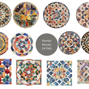 24 Clipart ad acquerello mosaico romano, Clipart di Roma, singole immagini PNG su sfondo trasparente, sublimazione