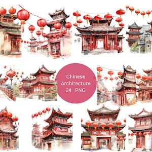 24 Chinese architectuur aquarel clipart, China clipart, individuele png-afbeeldingen op transparante achtergrond, sublimatie