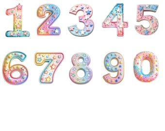 Watercolor Stars Numbers Clipart, PNG individual images, commercial use, transparent background, sublimation