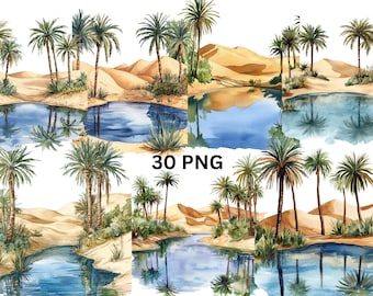 Oasis del desierto en acuarela PNG Clipart - 30 ilustraciones de palmeras y dunas de arena con fondo transparente, arte digital, descarga instantánea