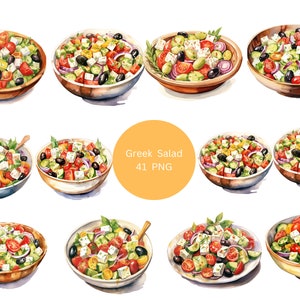 41 cliparts aquarelle de salades grecques, clipart nourriture, images individuelles PNG sur fond transparent, sublimation