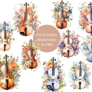 Watercolor Floral Cellos Clipart, PNG digital files on transparent background, sublimation, commercial use