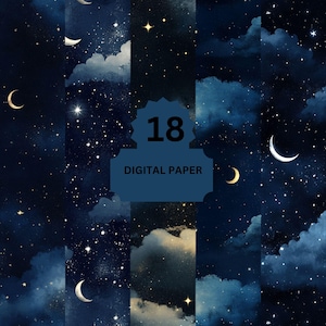 Carta digitale con cielo notturno celeste – 18 sfondi stellati con luna e nuvole per progetti di scrapbooking e artigianato