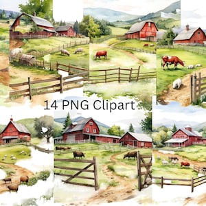 14 cliparts aquarelle de basse-cour, images individuelles PNG sur fond transparent, sublimation, usage commercial