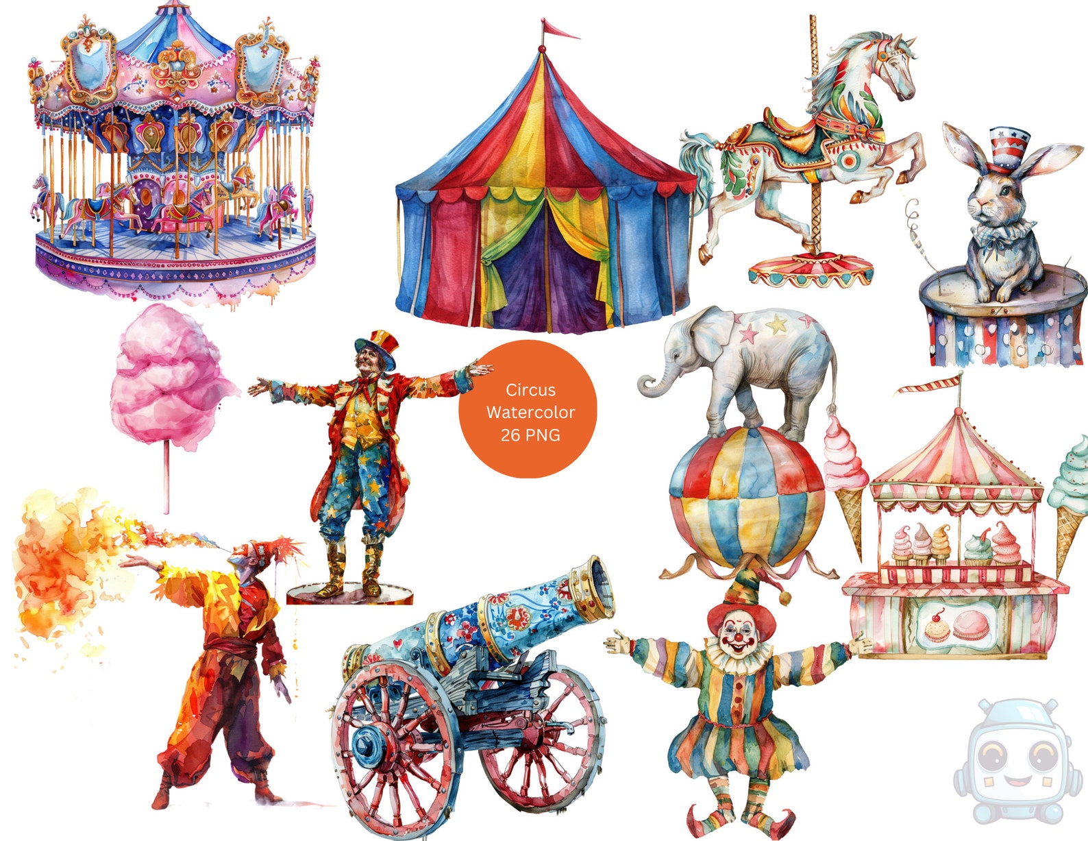 Watercolor Circus Clipart, Carnival PNG Individual Images on ...