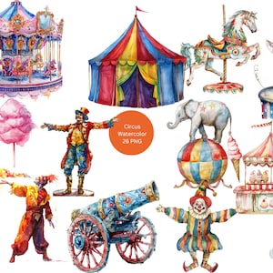 Clipart cirque aquarelle, images individuelles de carnaval PNG sur fond transparent, sublimation, usage commercial