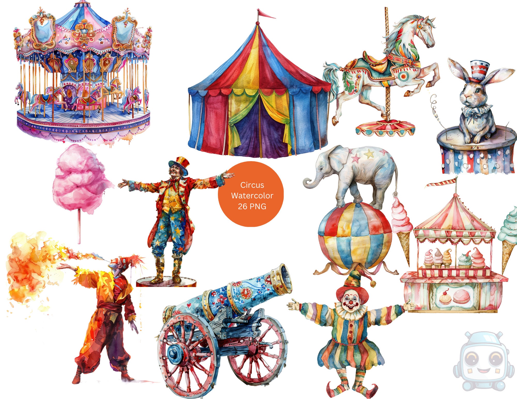Watercolor Circus Clipart, Carnival PNG Individual Images on ...