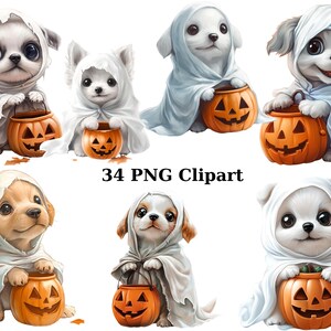 34 cliparts de chiots Halloween, clipart Halloween, images individuelles PNG sur fond transparent, sublimation