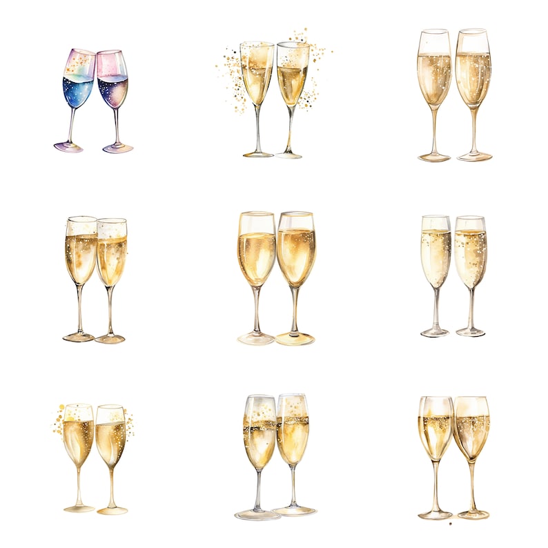 29 Champagne Glasses Watercolor Clipart, Champagne Clipart, PNG