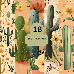 Carta digitale Cactus Desert – Sfondi floreali del sud-ovest per scrapbooking, inviti e progetti artigianali