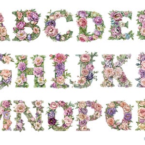 Floral Alphabet Clipart - Elegant Flower Letters Set - Botanical Garden PNG for Weddings, Invitations, and Crafts, Transparent Background