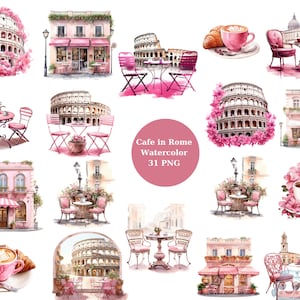 Aquarel Pink Cafe in Rome Clipart, individuele PNG-afbeeldingen op transparante achtergrond, sublimatie, commercieel gebruik
