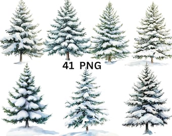 Op de afbeelding: Zeven aquarel illustraties van met sneeuw bedekte dennenbomen, geïsoleerd op een witte achtergrond. 41 PNG.