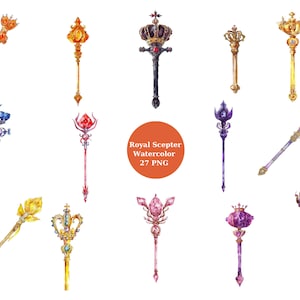 Aquarelle sceptres royaux Clipart, images individuelles PNG sur fond transparent, sublimation, usage commercial