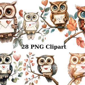 28 hiboux avec lettres d'amour clipart aquarelle, clipart Saint-Valentin, images individuelles PNG sur fond transparent, sublimation