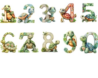 Watercolor Turtle numbers, turtle numbers, instant download for commercial use, High resolution, 12x12