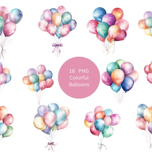18 Clipart ad acquerello di palloncini colorati, Clipart di palloncini, singole immagini PNG su sfondo trasparente, sublimazione