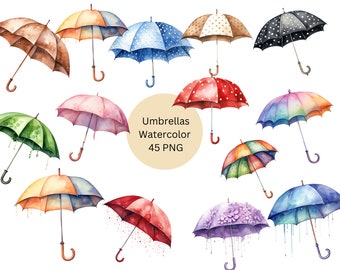 Watercolor Umbrellas Clipart, PNG individual images on transparent background, sublimation, commercial use