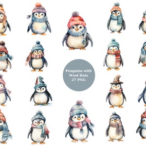 27 Pinguine mit Wollmützen Aquarell Clipart, PNG digitale Dateien auf transparentem Hintergrund, Sublimation, kommerzielle Nutzung