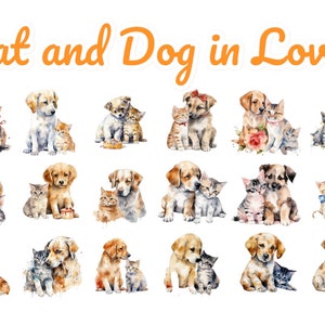 Acuarela gatos y perros enamorados, imágenes PNG, descarga instantánea Scrapbook, diario basura, manualidades de papel Scrapbooking, fondo transparente