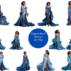 38 elegante zwarte vrouwen in blauwe jurk aquarel clipart, mensen clipart, individuele png-afbeeldingen op transparante achtergrond, sublimatie
