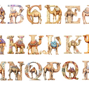 Aquarell Camel Alphabet Clipart, PNG Einzelbilder auf transparentem Hintergrund, Sublimation, kommerzielle Nutzung