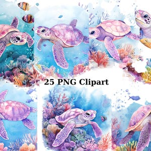 25 imágenes prediseñadas de acuarela de tortugas pastel, imágenes prediseñadas de animales, imágenes PNG individuales sobre fondo transparente, sublimación