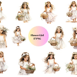 17 Flower Girl Acuarela Clipart, People Clipart, Girl Clipart, PNG imágenes individuales sobre fondo transparente, sublimación