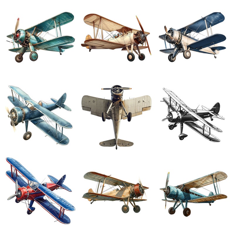 Op de afbeelding: Negen vintage-biplanes in verschillende kleuren en stijlen, waaronder blauw, rood, wit en zwart. De vliegtuigen zijn allemaal in de lucht en hebben een klassieke, retro-look.