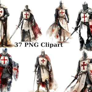 37 Caballeros Templarios Acuarela Clipart, Clipart Medieval, Imágenes PNG individuales sobre fondo transparente, sublimación