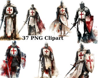 May include: Seven digital illustrations of a knight in armor wearing a white tunic with a red cross. The knight is holding a sword and shield. The background is white.