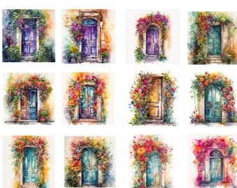 Aquarell Blumen Türen Clipart, PNG Bilder, Sofort Download Scrapbook, Junk Journal, Papier Handwerk Scrapbooking, Transparenter Hintergrund