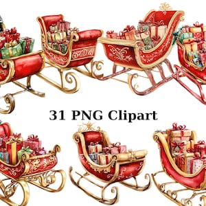 31 Christmas Sleigh Watercolor Clipart, Christmas Clipart, PNG individual images on transparent background, sublimation