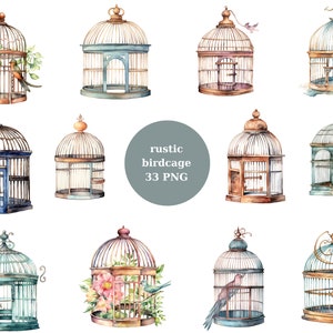 33 Rustic Birdcages Watercolor Clipart, Bird Clipart, PNG individual images on transparent background, sublimation