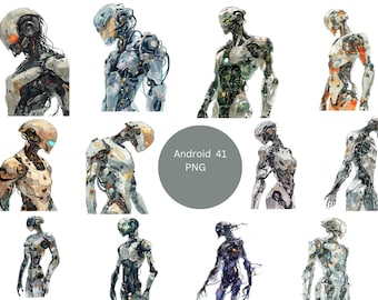 41 Androids Watercolor Clipart, Robot Clipart, PNG individual images on transparent background, sublimation