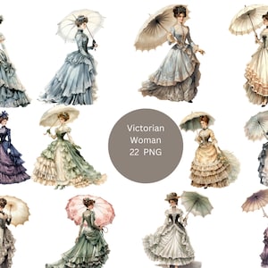 22 Victoriaanse vrouwen aquarel clipart, Victoriaanse clipart, individuele png-afbeeldingen op transparante achtergrond, sublimatie