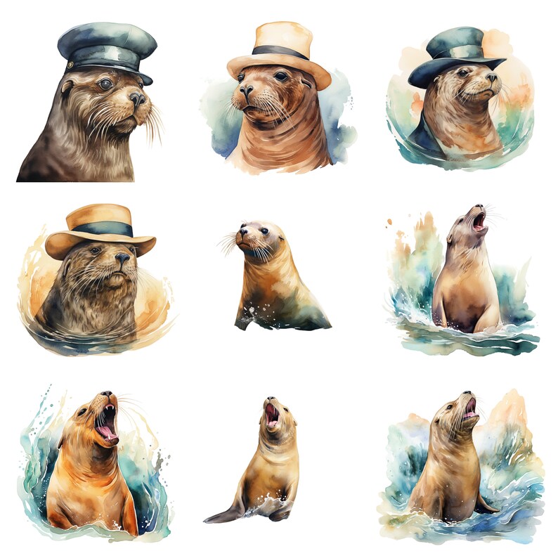 May include: Watercolor painting of nine sea lions in various poses. Some are wearing hats, others are in the water, and some are on land. The painting is done in a realistic style with a soft, muted color palette.